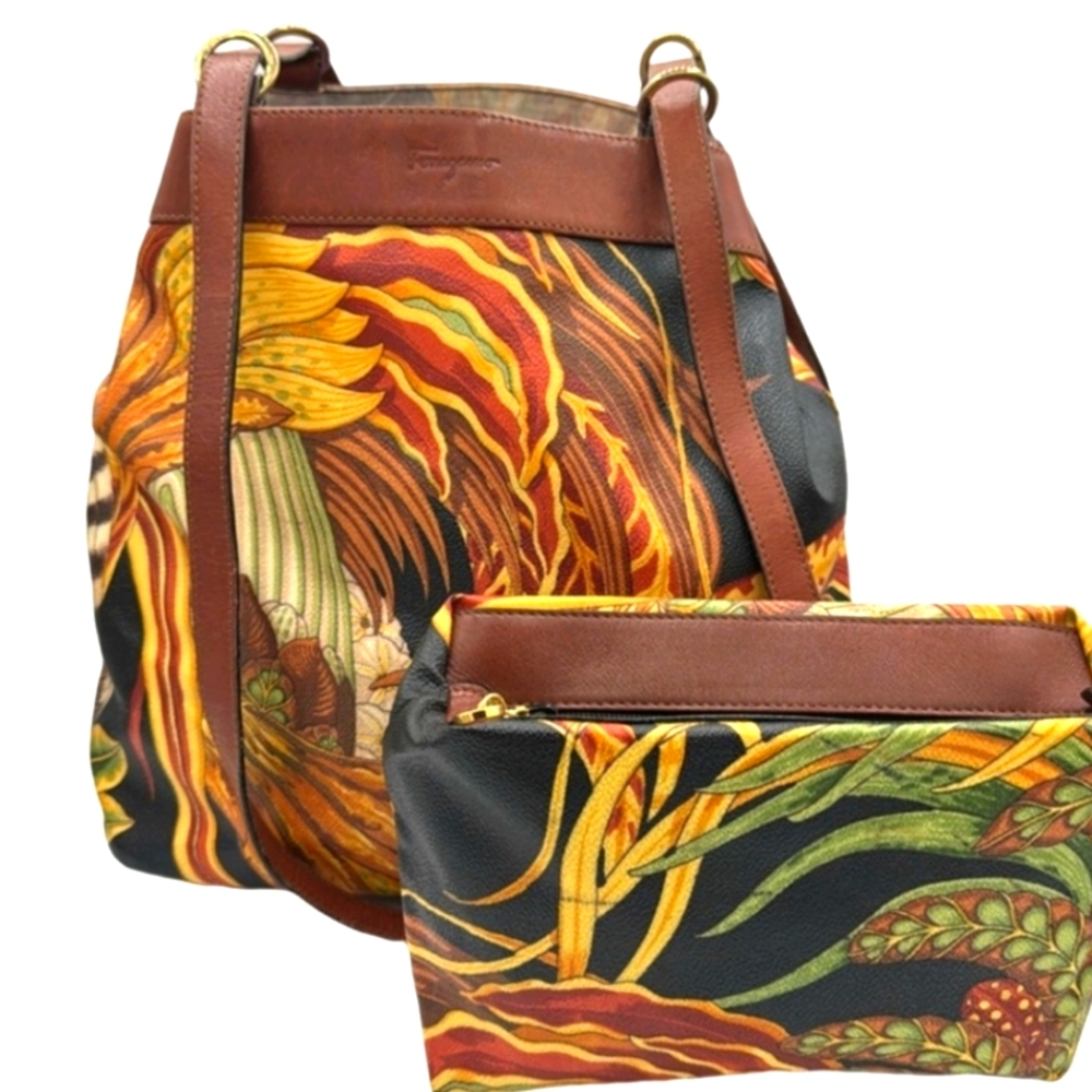 Salvatore Ferragamo Ornamental Plant Coated Canvas and Leather  Bag Set EUC